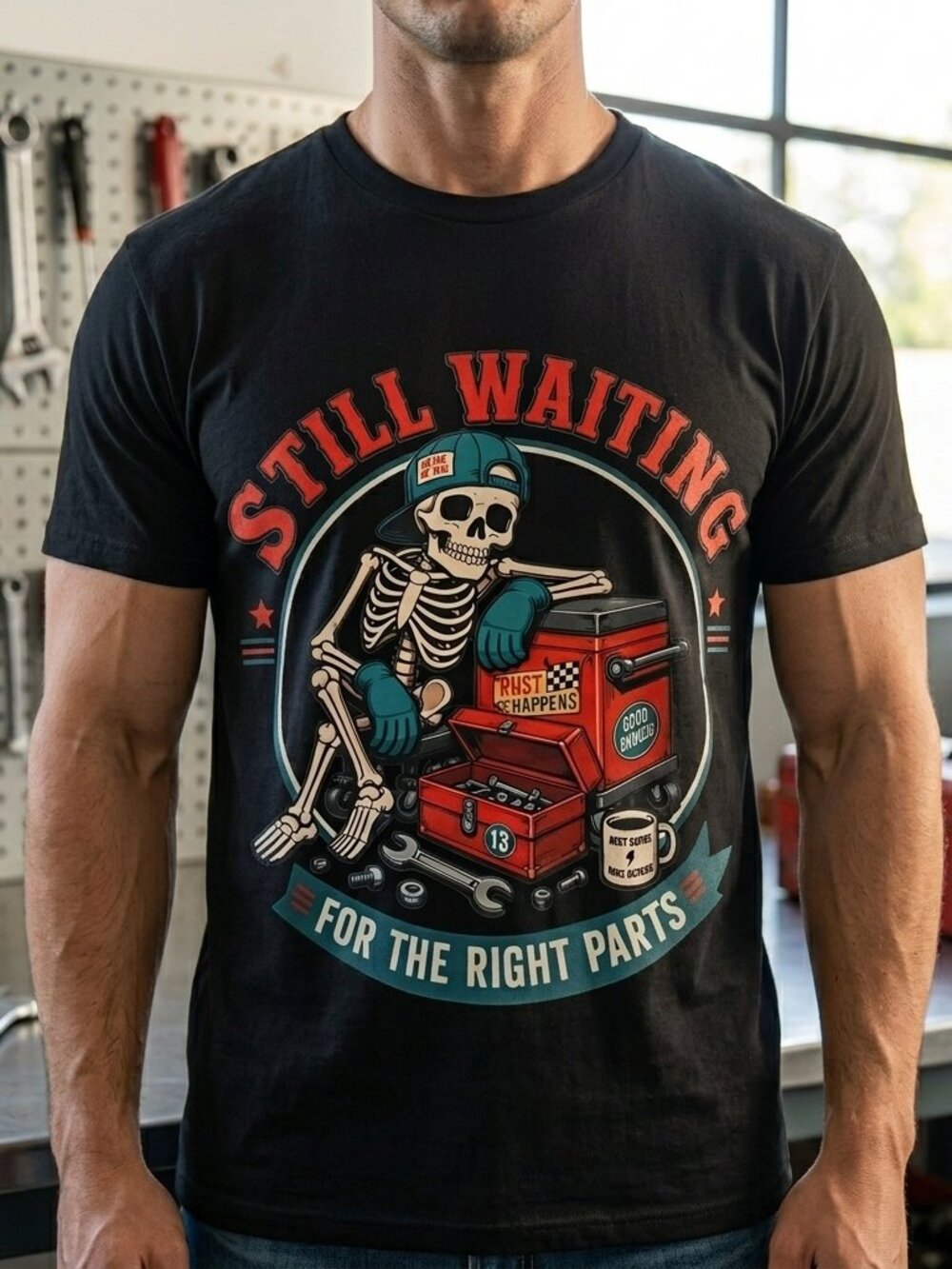 Still Waiting for the Right Parts Tee • Funny Mechanic Graphic • Unisex